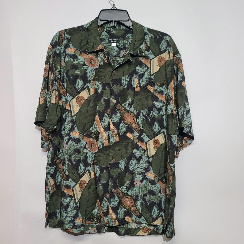 Tony Lambert Vintage Hawaiian Tobacco Cigar Print Shirt Size Large